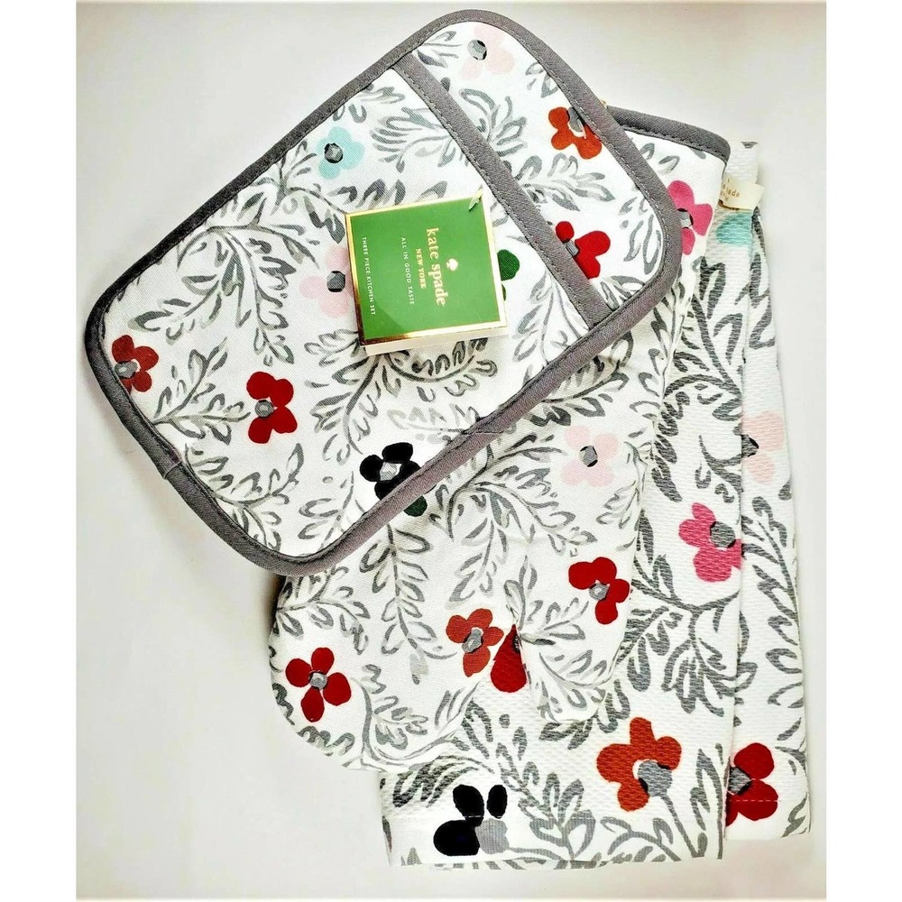Kate Spade New York Floral Blockprint 3 Piece Kitchen Towel Oven Mitt Po…